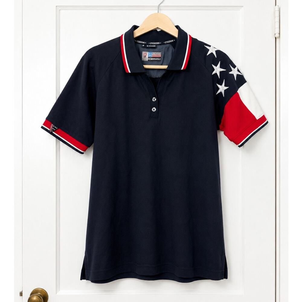 Rock Point Patriotic American Flag Polo Shirt Womens Medium Black Stars Stripes